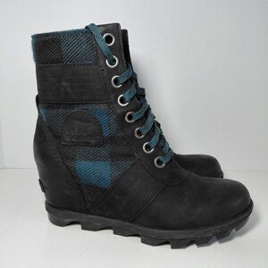 Sorel Lexie Hidden Wedge Women’s Sz 7.5 Boots Black Blue Plaid Ankle Boots